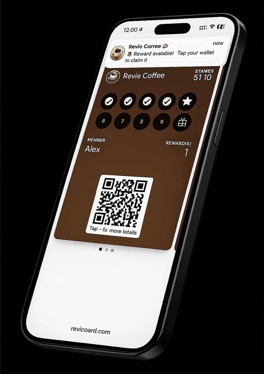 Coffee shop loyalty card in Apple Wallet showing a reward-available notification